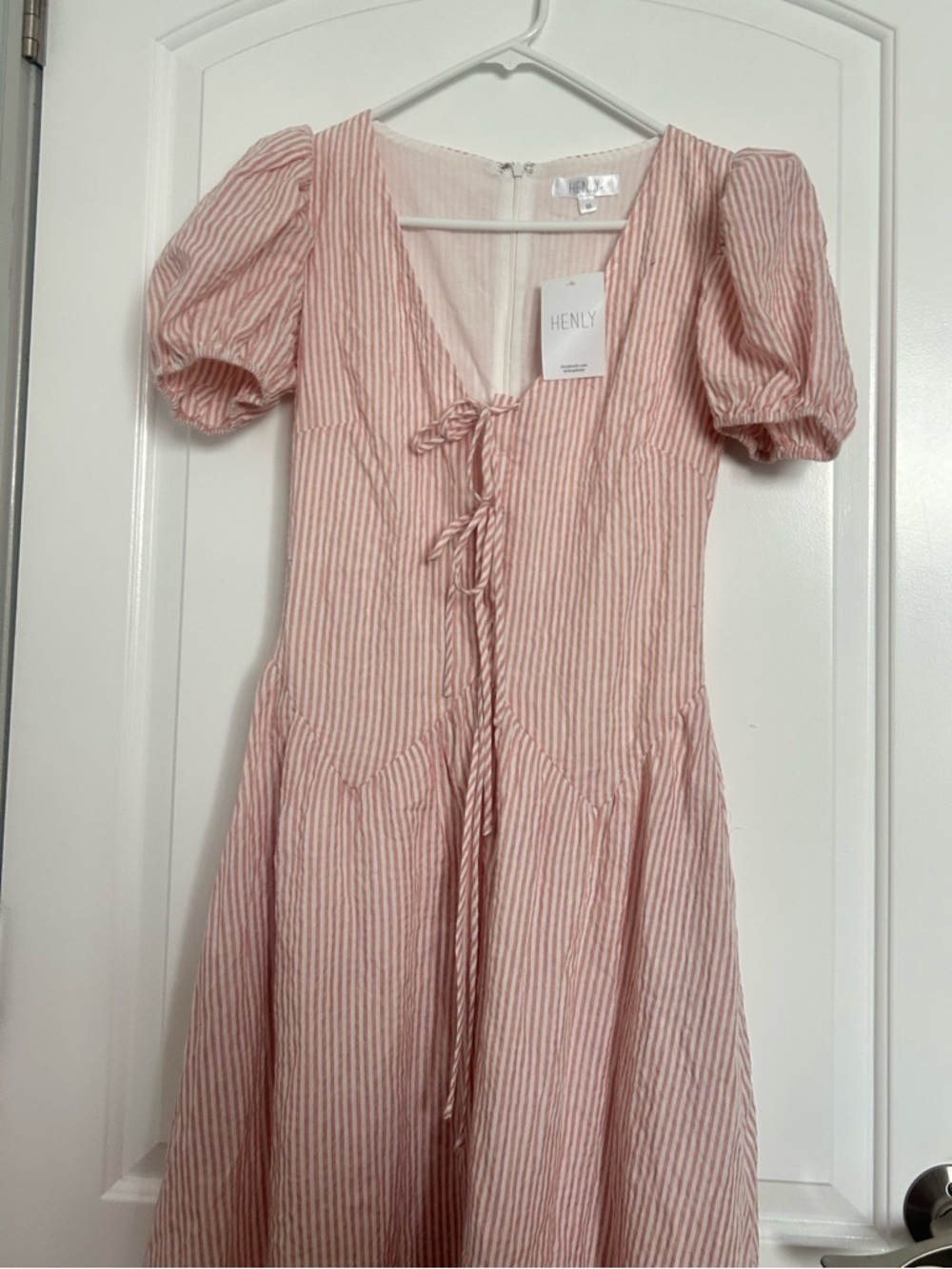 Henly Striped Puff-Sleeve Bow Midi Dress Size Xs Nwt Cottagecore Prairie Boho — image 4 of 8